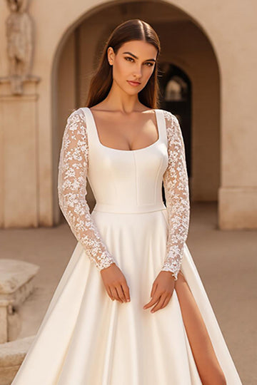 Ivory Satin A Line Square Neck Court Train Wedding Dress with Lace